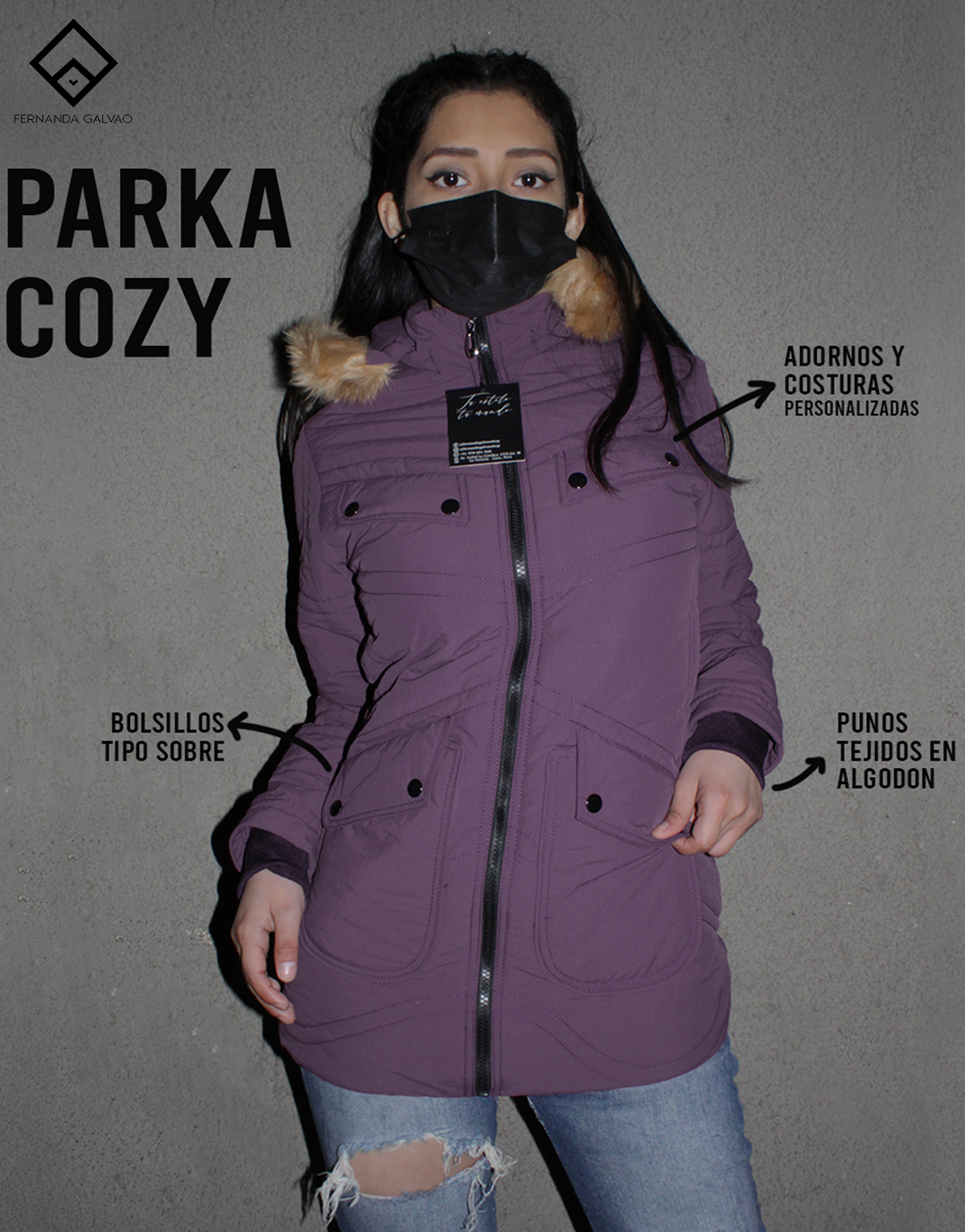 parka mujer color uva modelo cozy