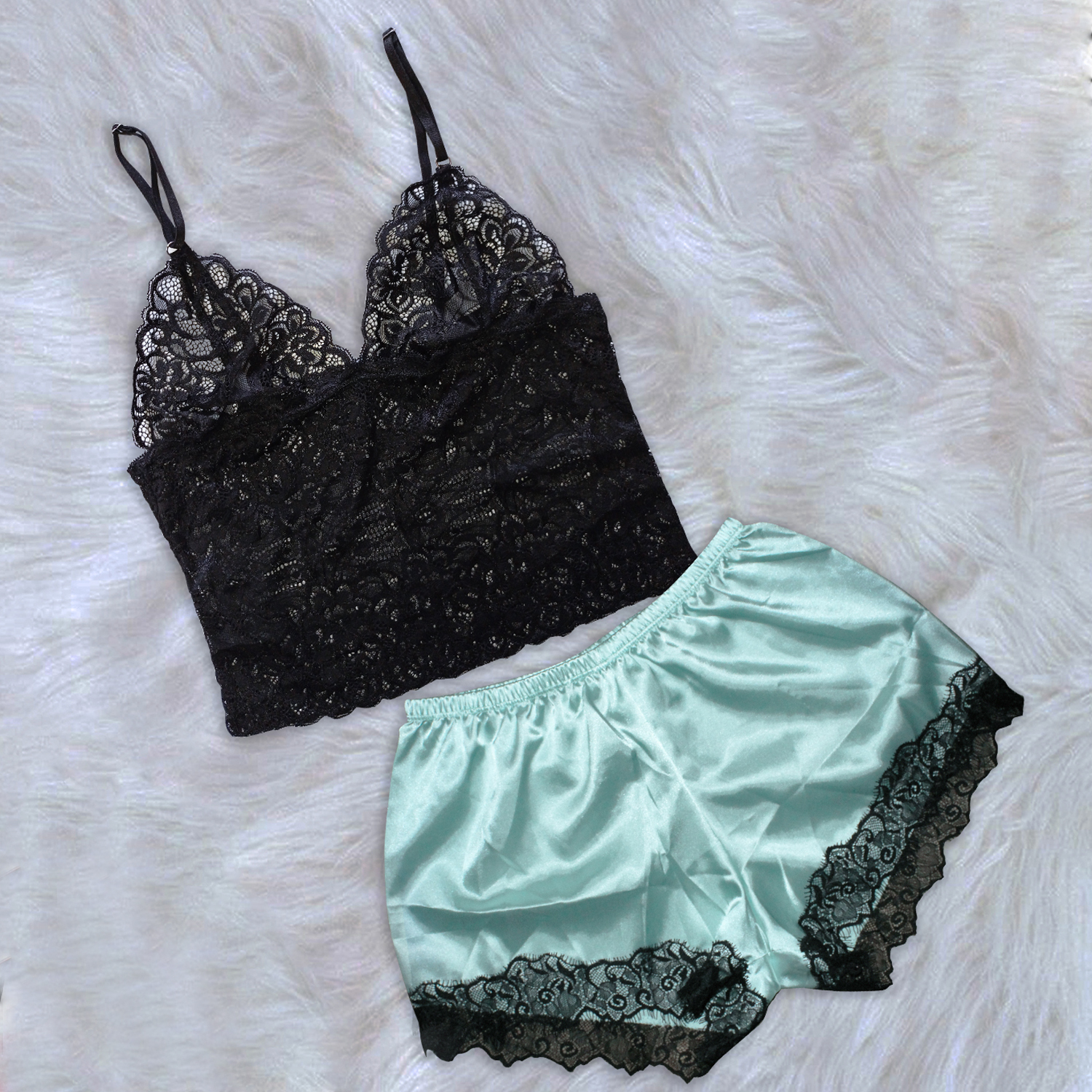 conjunto pijama short satin top de encaje color verde agua