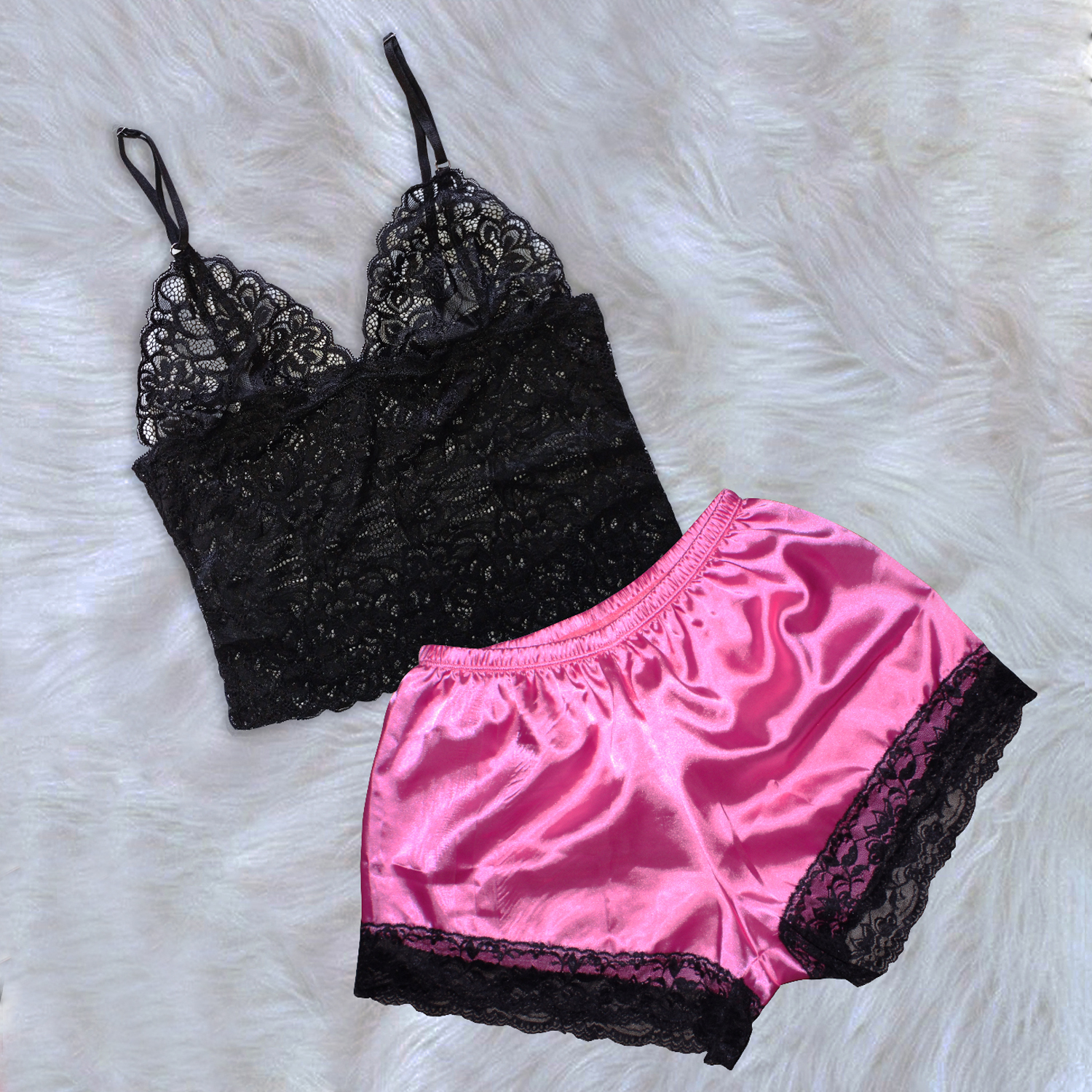 conjunto pijama short satin top de encaje color chicle