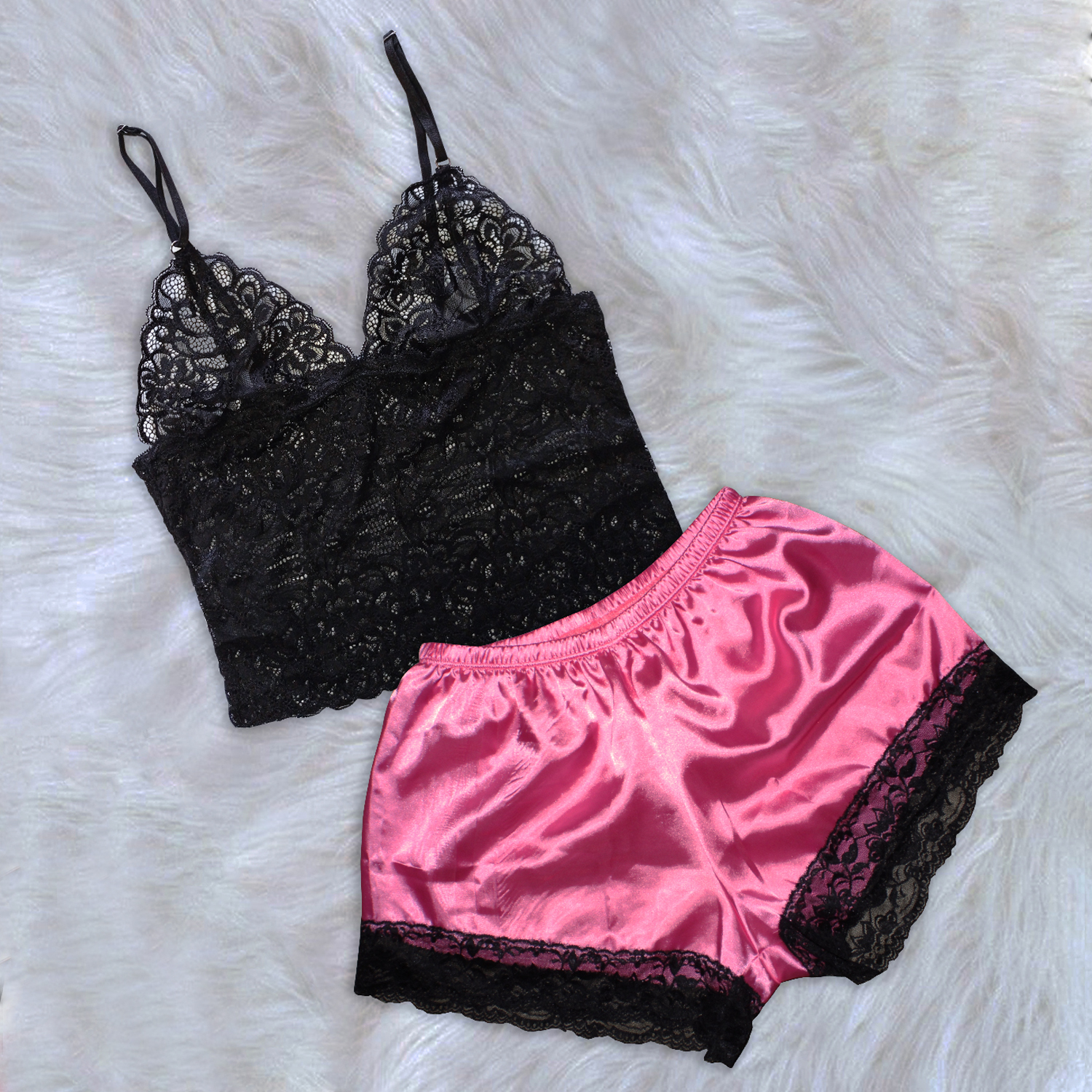 conjunto pijama short satin top de encaje color coral