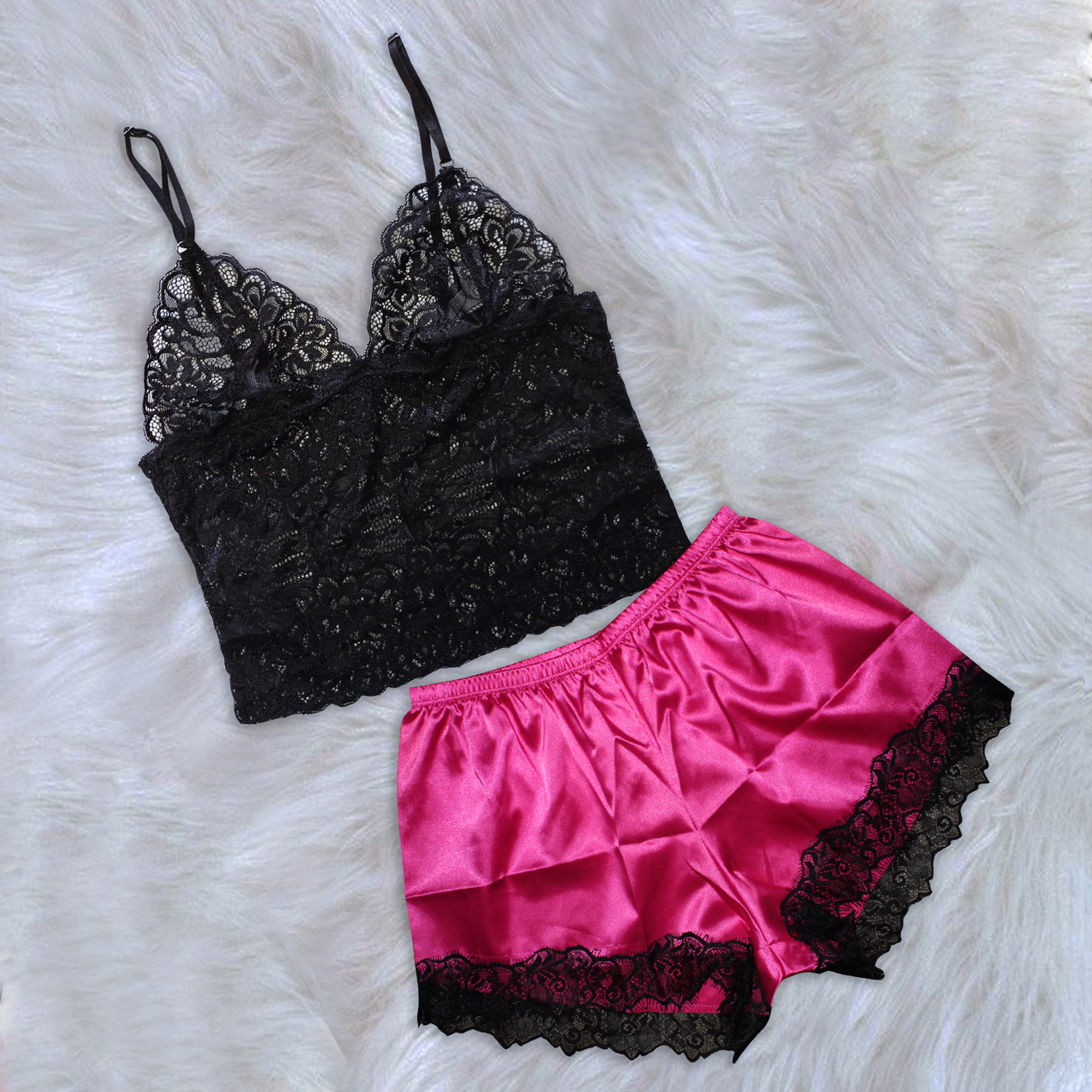 conjunto pijama short satin top de encaje color fucsia