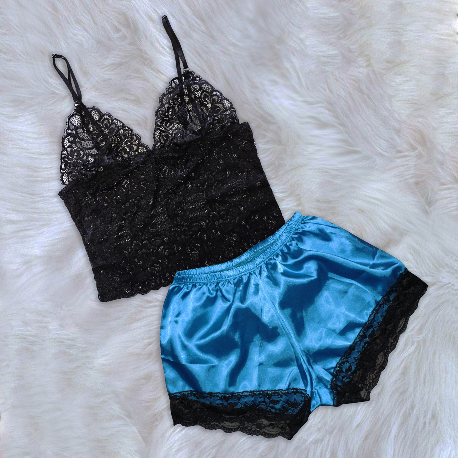 conjunto pijama short satin top de encaje color jade