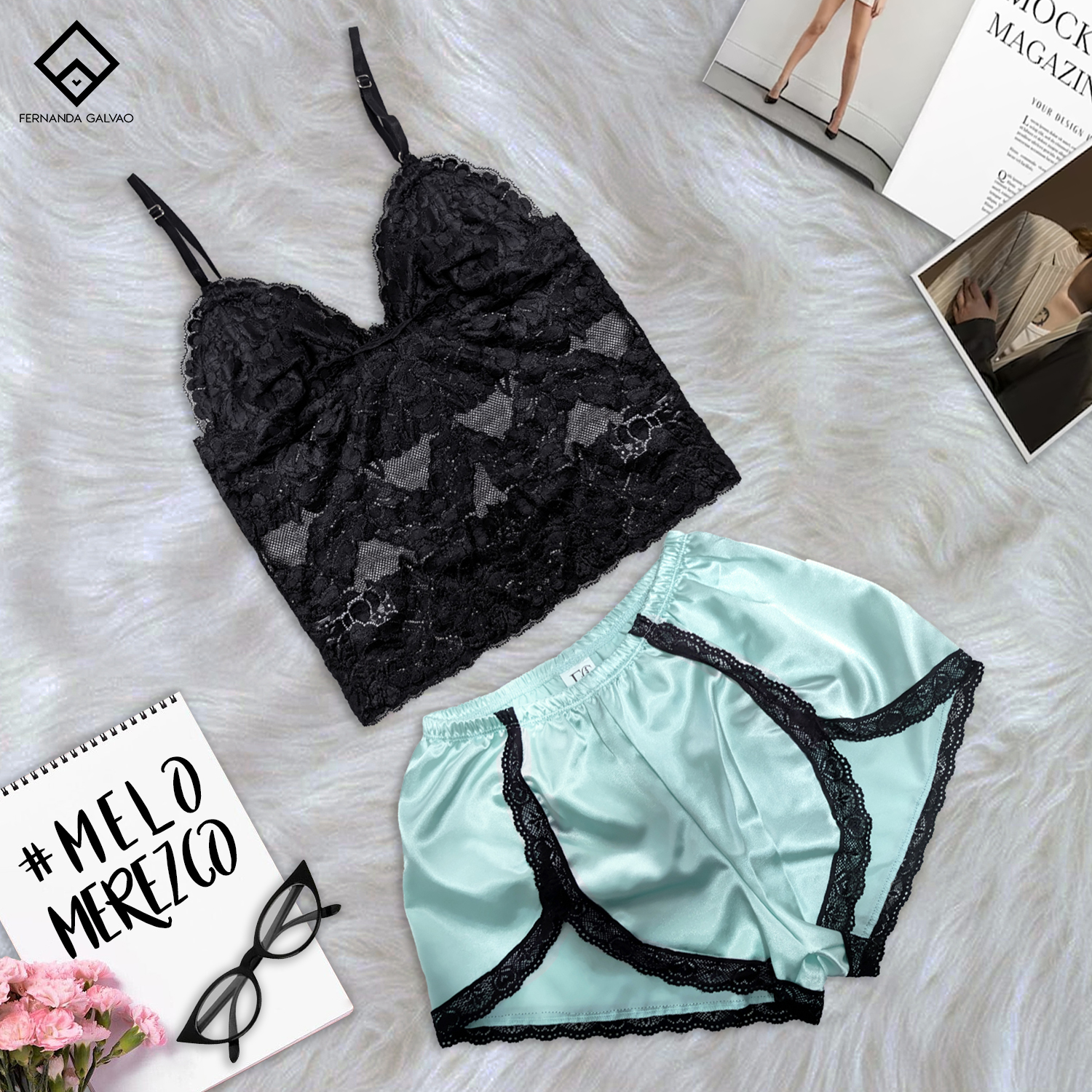 Set de pijama color verde agua, verde claro, bralette negro de encaje