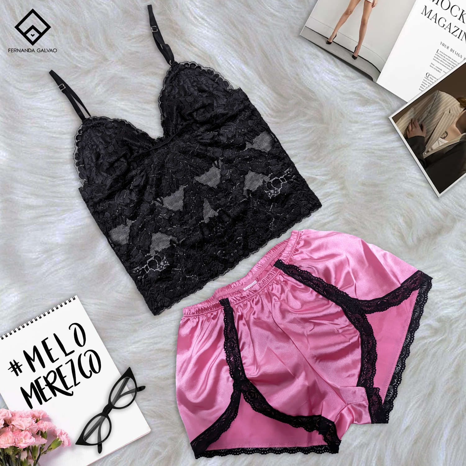 Set de pijama color chicle, bralette negro de encaje
