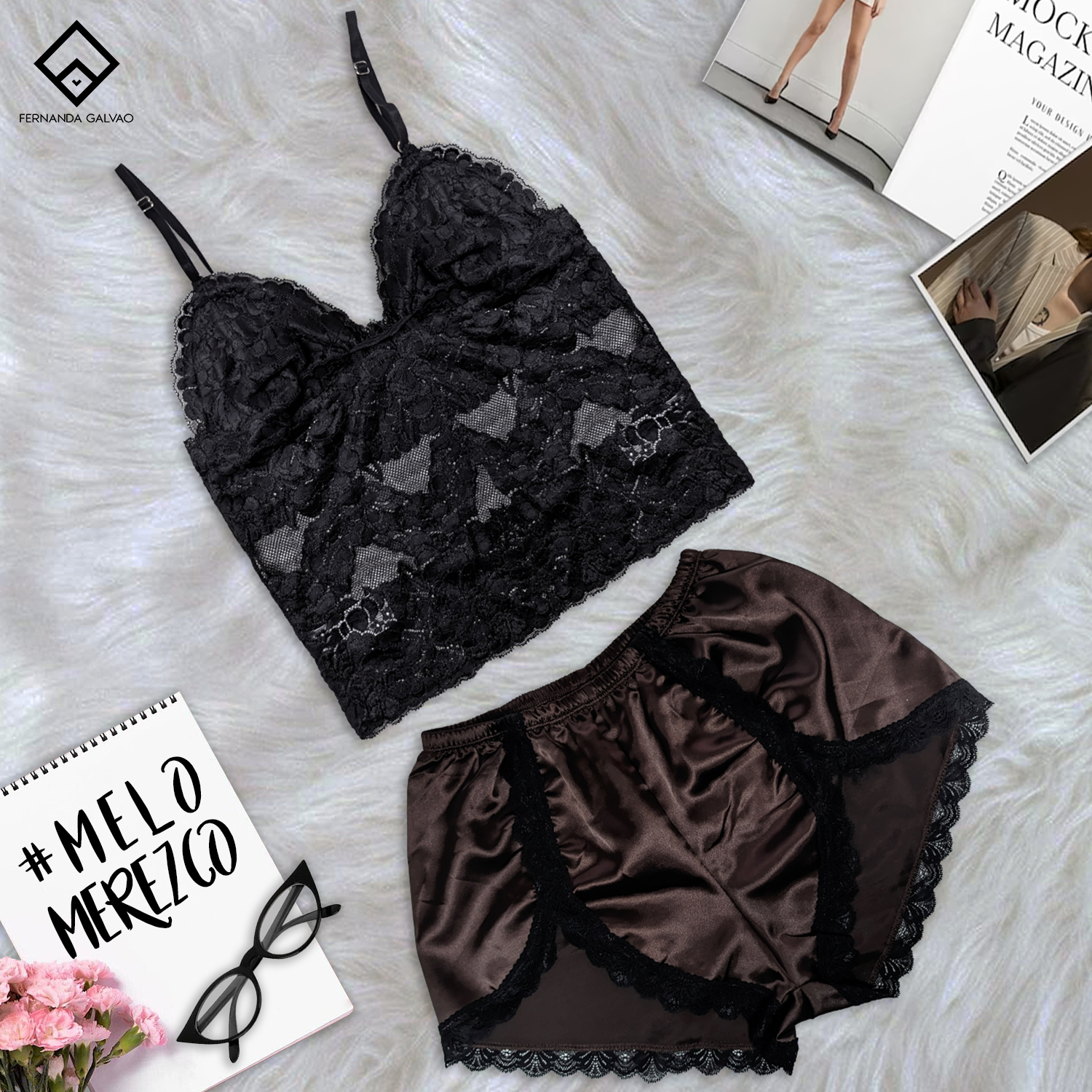 Set de pijama color marron, bralette negro de encaje