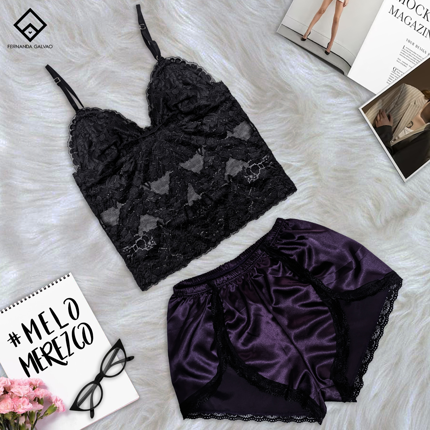 Set de pijama color morado, bralette negro de encaje