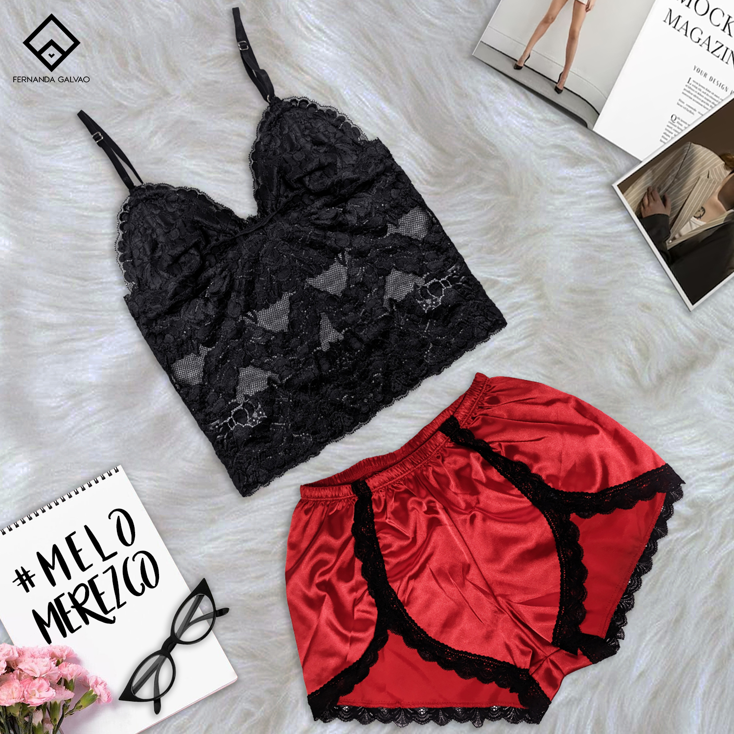 Set de pijama color rojo, bralette negro de encaje